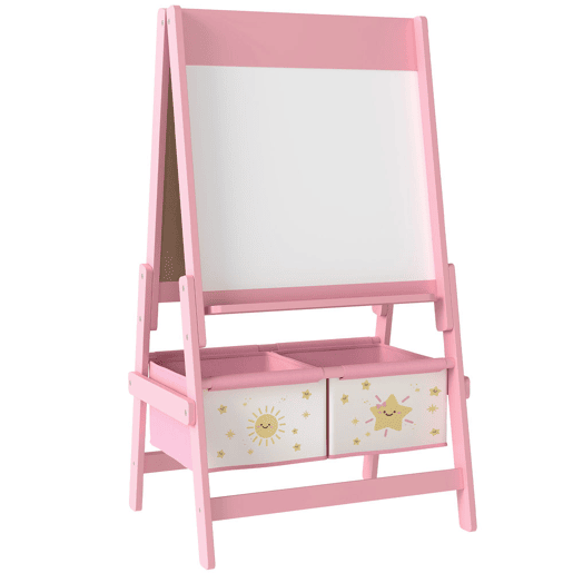 AIYAPLAY Cavalete de Pintura para Crianças 3 em 1 Quadro Infantil de Dupla Face para Crianças acima de 3 Anos com Rolo de Papel e Cestos de Arrumação 54x46x94 cm Rosa