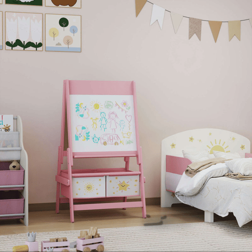 AIYAPLAY Cavalete de Pintura para Crianças 3 em 1 Quadro Infantil de Dupla Face para Crianças acima de 3 Anos com Rolo de Papel e Cestos de Arrumação 54x46x94 cm Rosa