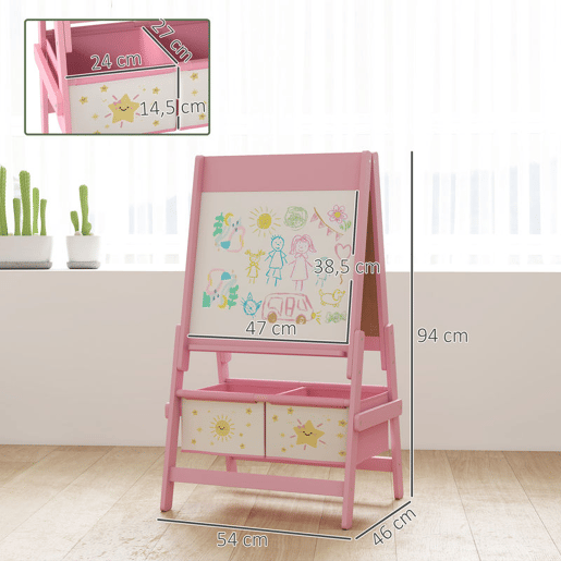 AIYAPLAY Cavalete de Pintura para Crianças 3 em 1 Quadro Infantil de Dupla Face para Crianças acima de 3 Anos com Rolo de Papel e Cestos de Arrumação 54x46x94 cm Rosa