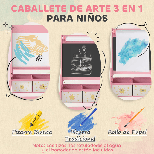 AIYAPLAY Cavalete de Pintura para Crianças 3 em 1 Quadro Infantil de Dupla Face para Crianças acima de 3 Anos com Rolo de Papel e Cestos de Arrumação 54x46x94 cm Rosa
