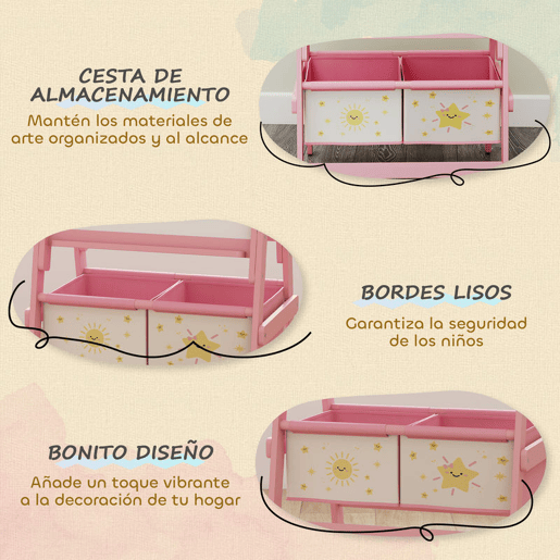 AIYAPLAY Cavalete de Pintura para Crianças 3 em 1 Quadro Infantil de Dupla Face para Crianças acima de 3 Anos com Rolo de Papel e Cestos de Arrumação 54x46x94 cm Rosa