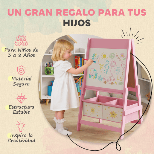 AIYAPLAY Cavalete de Pintura para Crianças 3 em 1 Quadro Infantil de Dupla Face para Crianças acima de 3 Anos com Rolo de Papel e Cestos de Arrumação 54x46x94 cm Rosa