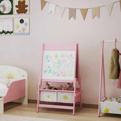 AIYAPLAY Cavalete de Pintura para Crianças 3 em 1 Quadro Infantil de Dupla Face para Crianças acima de 3 Anos com Rolo de Papel e Cestos de Arrumação 54x46x94 cm Rosa