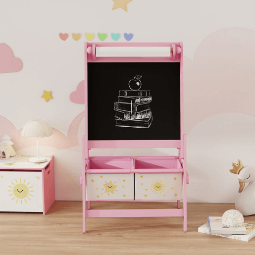 AIYAPLAY Cavalete de Pintura para Crianças 3 em 1 Quadro Infantil de Dupla Face para Crianças acima de 3 Anos com Rolo de Papel e Cestos de Arrumação 54x46x94 cm Rosa