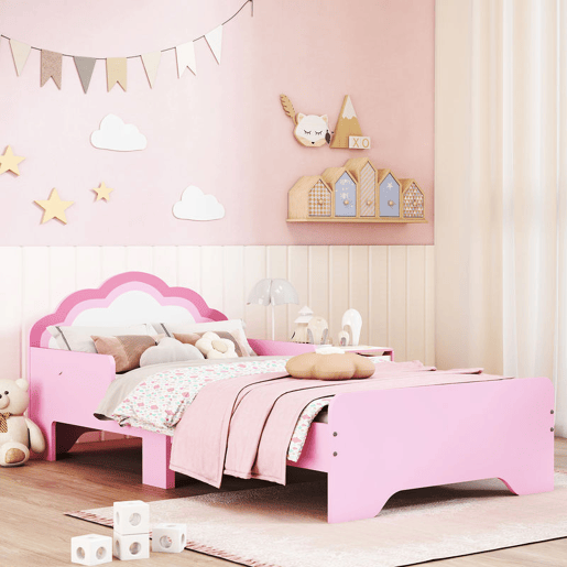 ZONEKIZ Cama para Crianças 70x140 cm com Barreira Antiqueda e Estrado Cama Infantil com Cabeceira em Forma de Nuvem Rosa