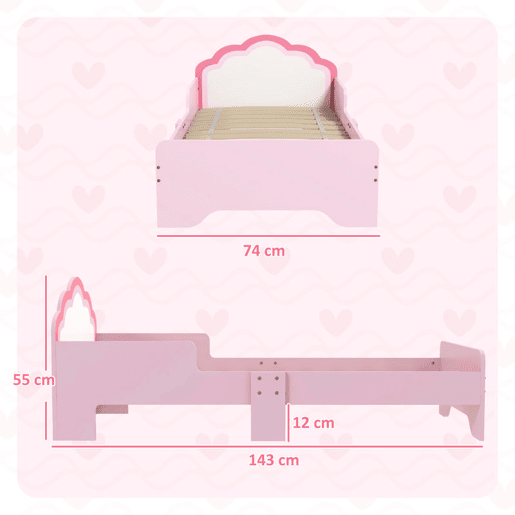 ZONEKIZ Cama para Crianças 70x140 cm com Barreira Antiqueda e Estrado Cama Infantil com Cabeceira em Forma de Nuvem Rosa