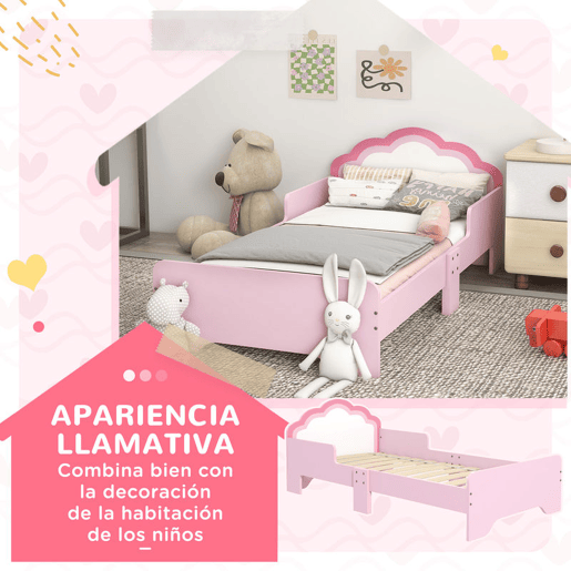ZONEKIZ Cama para Crianças 70x140 cm com Barreira Antiqueda e Estrado Cama Infantil com Cabeceira em Forma de Nuvem Rosa