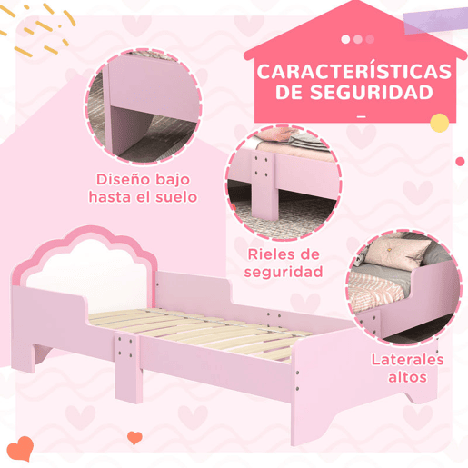 ZONEKIZ Cama para Crianças 70x140 cm com Barreira Antiqueda e Estrado Cama Infantil com Cabeceira em Forma de Nuvem Rosa