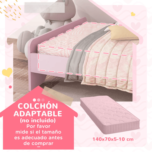 ZONEKIZ Cama para Crianças 70x140 cm com Barreira Antiqueda e Estrado Cama Infantil com Cabeceira em Forma de Nuvem Rosa