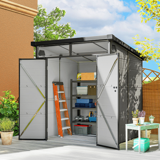 Outsunny Abrigo de Jardim 3,24 m² 190x191x215 cm Abrigo Exterior com Porta de Correr e Trinco Janela e Ventilação para Armazenamento de Ferramentas Cinza Claro