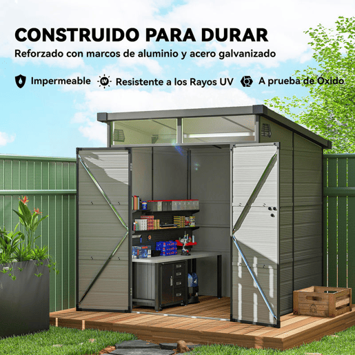 Outsunny Abrigo de Jardim 3,24 m² 190x191x215 cm Abrigo Exterior com Porta de Correr e Trinco Janela e Ventilação para Armazenamento de Ferramentas Cinza Claro