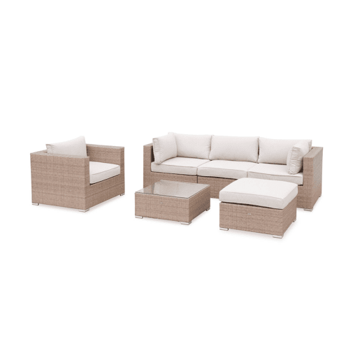 Conjunto de mobiliário de jardim com sofá em resina tecida de 5 lugares, Caligari, Beige, 234x82x67 cm