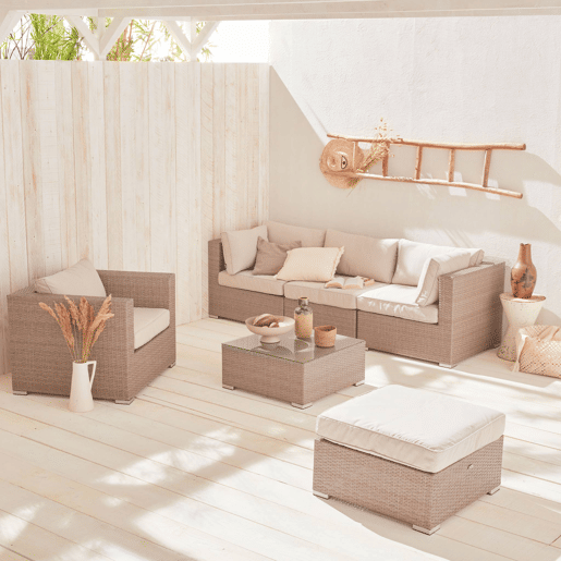 Conjunto de mobiliário de jardim com sofá em resina tecida de 5 lugares, Caligari, Beige, 234x82x67 cm