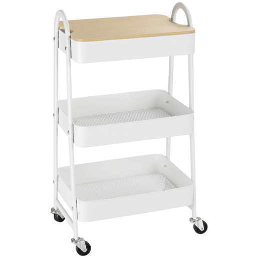 HOMCOM Carrinho Auxiliar com Rodas de 3 Níveis Carrinho de Cozinha com 3 Cestas de Aço e 1 Bancada de Madeira para Sala de Estar Casa de Banho 45x31x79,4 cm Branco