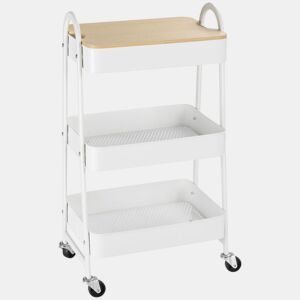 HOMCOM Carrinho Auxiliar com Rodas de 3 Níveis Carrinho de Cozinha com 3 Cestas de Aço e 1 Bancada de Madeira para Sala de Estar Casa de Banho 45x31x79,4 cm Branco