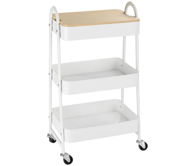 Homcom carrito auxiliar con ruedas de 3 niveles, carrito de cocina con 3 cestas de acero y 1 placa de cubierta, para comedor, sala baño, 45x31x79,4 cm, blanco