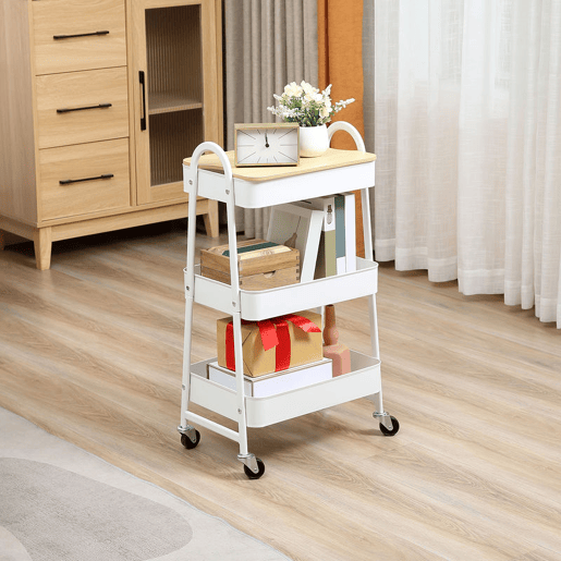 HOMCOM Carrinho Auxiliar com Rodas de 3 Níveis Carrinho de Cozinha com 3 Cestas de Aço e 1 Bancada de Madeira para Sala de Estar Casa de Banho 45x31x79,4 cm Branco