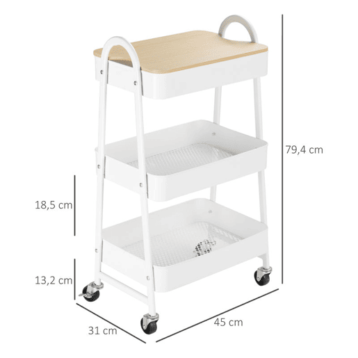 HOMCOM Carrinho Auxiliar com Rodas de 3 Níveis Carrinho de Cozinha com 3 Cestas de Aço e 1 Bancada de Madeira para Sala de Estar Casa de Banho 45x31x79,4 cm Branco