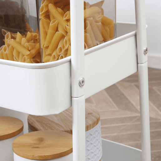 HOMCOM Carrinho Auxiliar com Rodas de 3 Níveis Carrinho de Cozinha com 3 Cestas de Aço e 1 Bancada de Madeira para Sala de Estar Casa de Banho 45x31x79,4 cm Branco