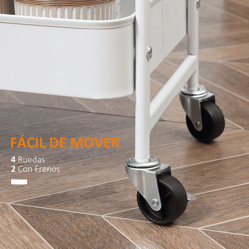 HOMCOM Carrinho Auxiliar com Rodas de 3 Níveis Carrinho de Cozinha com 3 Cestas de Aço e 1 Bancada de Madeira para Sala de Estar Casa de Banho 45x31x79,4 cm Branco