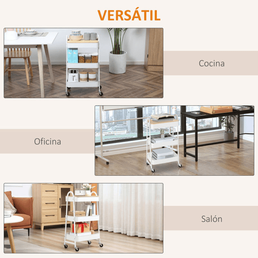 HOMCOM Carrinho Auxiliar com Rodas de 3 Níveis Carrinho de Cozinha com 3 Cestas de Aço e 1 Bancada de Madeira para Sala de Estar Casa de Banho 45x31x79,4 cm Branco