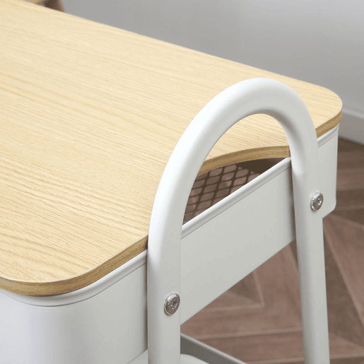 HOMCOM Carrinho Auxiliar com Rodas de 3 Níveis Carrinho de Cozinha com 3 Cestas de Aço e 1 Bancada de Madeira para Sala de Estar Casa de Banho 45x31x79,4 cm Branco