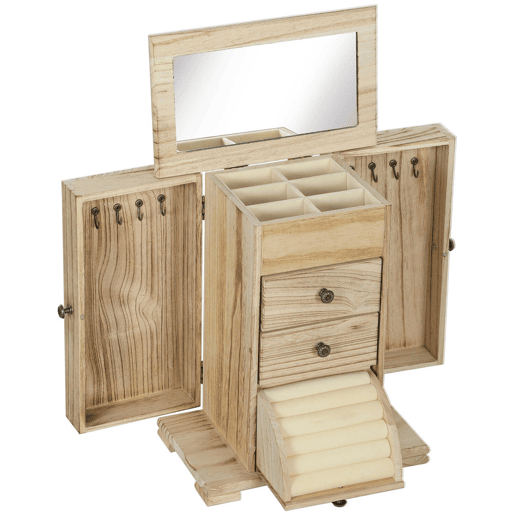 HOMCOM Caixa Joias de Madeira de 4 Níveis Organizador de Joias Grande com 2 Gavetas Espelho para Brincos Anéis Colares 26,5x16x33,5 cm Madeira