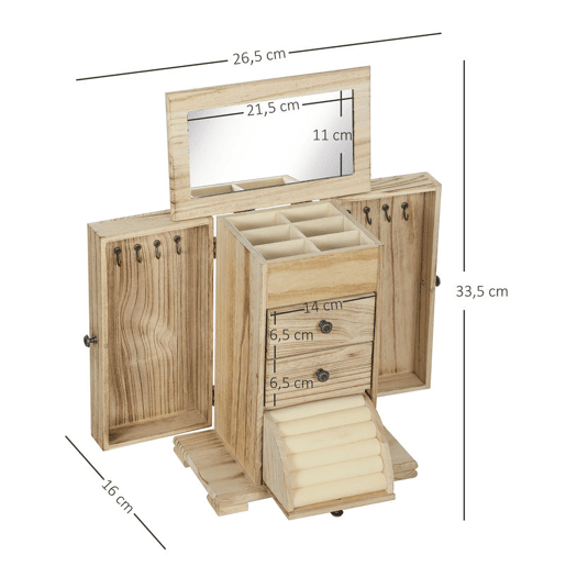 HOMCOM Caixa Joias de Madeira de 4 Níveis Organizador de Joias Grande com 2 Gavetas Espelho para Brincos Anéis Colares 26,5x16x33,5 cm Madeira