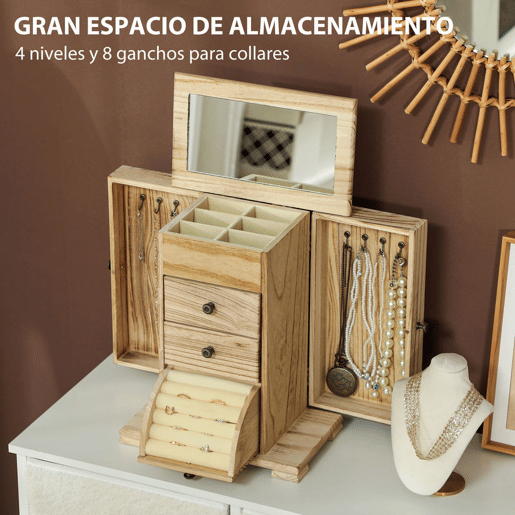 HOMCOM Caixa Joias de Madeira de 4 Níveis Organizador de Joias Grande com 2 Gavetas Espelho para Brincos Anéis Colares 26,5x16x33,5 cm Madeira