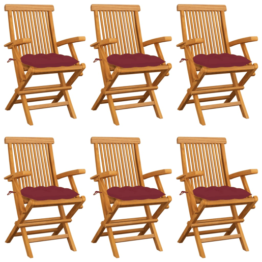 Cadeiras jardim - Cadeiras exterior c almofadões vermelho tinto 6 pcs teca maciça