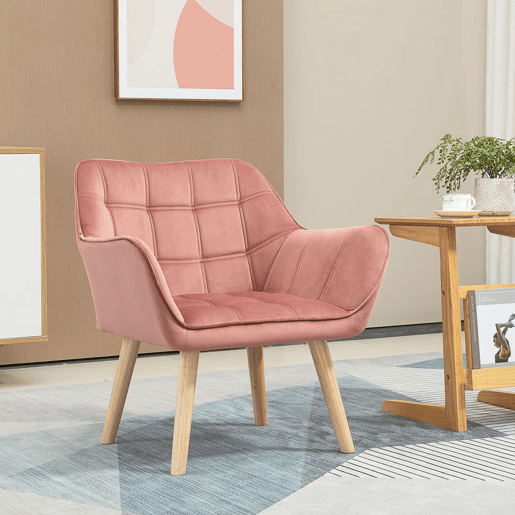 HOMCOM Poltrona de Sala Moderna, Cadeira de Leitura Estofada em Veludo com Pés de Madeira, Fácil de Montar, Poltrona Relax para Sala de Estar, Quarto e Varanda, Rosa