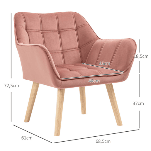 HOMCOM Poltrona de Sala Moderna, Cadeira de Leitura Estofada em Veludo com Pés de Madeira, Fácil de Montar, Poltrona Relax para Sala de Estar, Quarto e Varanda, Rosa