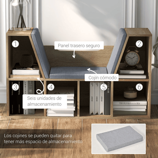 HOMCOM Estante para Livros com Banco Integrado e 6 Cubos Estante Infantil com Assento 102x30x61 cm Madeira e Cinzento