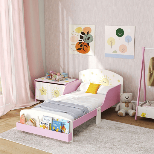 AIYAPLAY Cama Infantil 70x140 cm em Madeira com Armazenamento Proteção Antiqueda e Desenhos de Estrelas para Dormitório Rosa