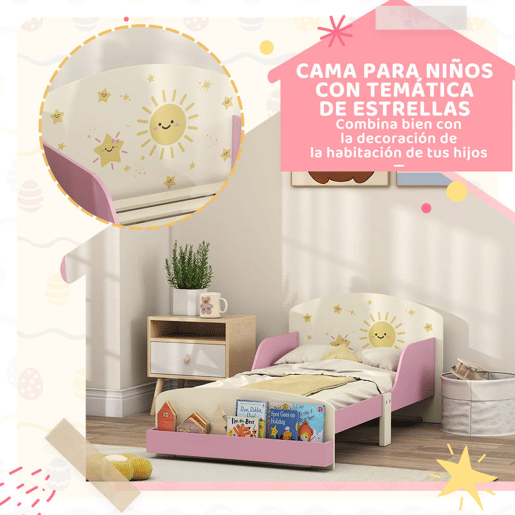 AIYAPLAY Cama Infantil 70x140 cm em Madeira com Armazenamento Proteção Antiqueda e Desenhos de Estrelas para Dormitório Rosa