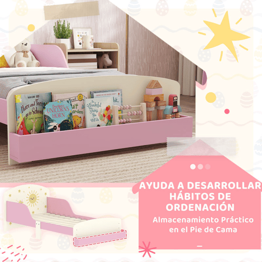 AIYAPLAY Cama Infantil 70x140 cm em Madeira com Armazenamento Proteção Antiqueda e Desenhos de Estrelas para Dormitório Rosa
