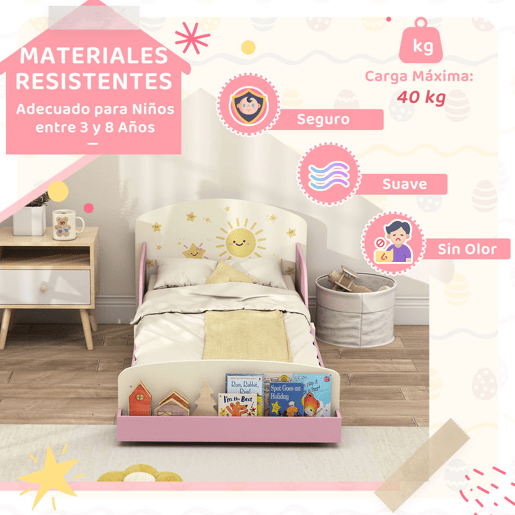 AIYAPLAY Cama Infantil 70x140 cm em Madeira com Armazenamento Proteção Antiqueda e Desenhos de Estrelas para Dormitório Rosa