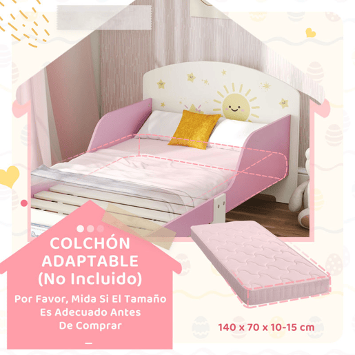 AIYAPLAY Cama Infantil 70x140 cm em Madeira com Armazenamento Proteção Antiqueda e Desenhos de Estrelas para Dormitório Rosa