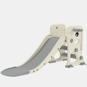 AIYAPLAY Escorrega Infantil 3 em 1 Escorrega para Crianças dos 2 aos 5 Anos Dobrável com Escada Cesto de Basquetebol Desenho de Dinossauro e Fivelas Reforçadas para Interior 146x52x65 cm Creme e Cinza