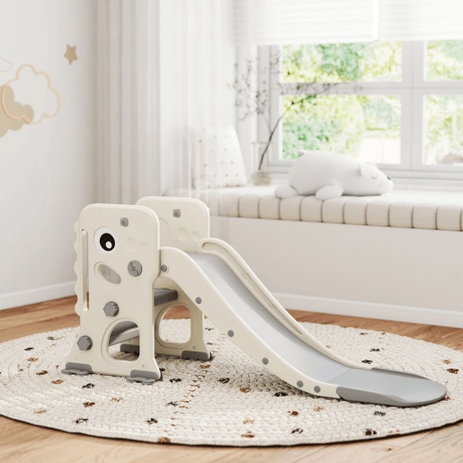 AIYAPLAY Escorrega Infantil 3 em 1 Escorrega para Crianças dos 2 aos 5 Anos Dobrável com Escada Cesto de Basquetebol Desenho de Dinossauro e Fivelas Reforçadas para Interior 146x52x65 cm Creme e Cinza