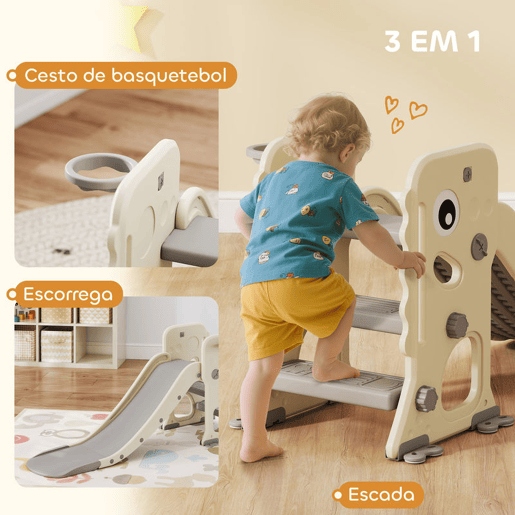 AIYAPLAY Escorrega Infantil 3 em 1 Escorrega para Crianças dos 2 aos 5 Anos Dobrável com Escada Cesto de Basquetebol Desenho de Dinossauro e Fivelas Reforçadas para Interior 146x52x65 cm Creme e Cinza
