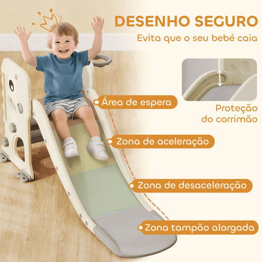 AIYAPLAY Escorrega Infantil 3 em 1 Escorrega para Crianças dos 2 aos 5 Anos Dobrável com Escada Cesto de Basquetebol Desenho de Dinossauro e Fivelas Reforçadas para Interior 146x52x65 cm Creme e Cinza