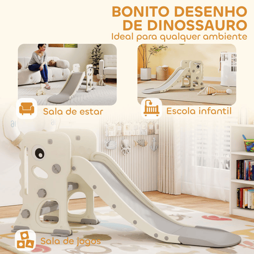AIYAPLAY Escorrega Infantil 3 em 1 Escorrega para Crianças dos 2 aos 5 Anos Dobrável com Escada Cesto de Basquetebol Desenho de Dinossauro e Fivelas Reforçadas para Interior 146x52x65 cm Creme e Cinza