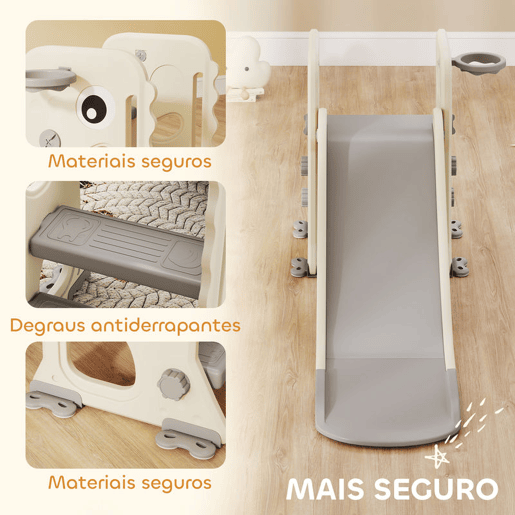 AIYAPLAY Escorrega Infantil 3 em 1 Escorrega para Crianças dos 2 aos 5 Anos Dobrável com Escada Cesto de Basquetebol Desenho de Dinossauro e Fivelas Reforçadas para Interior 146x52x65 cm Creme e Cinza