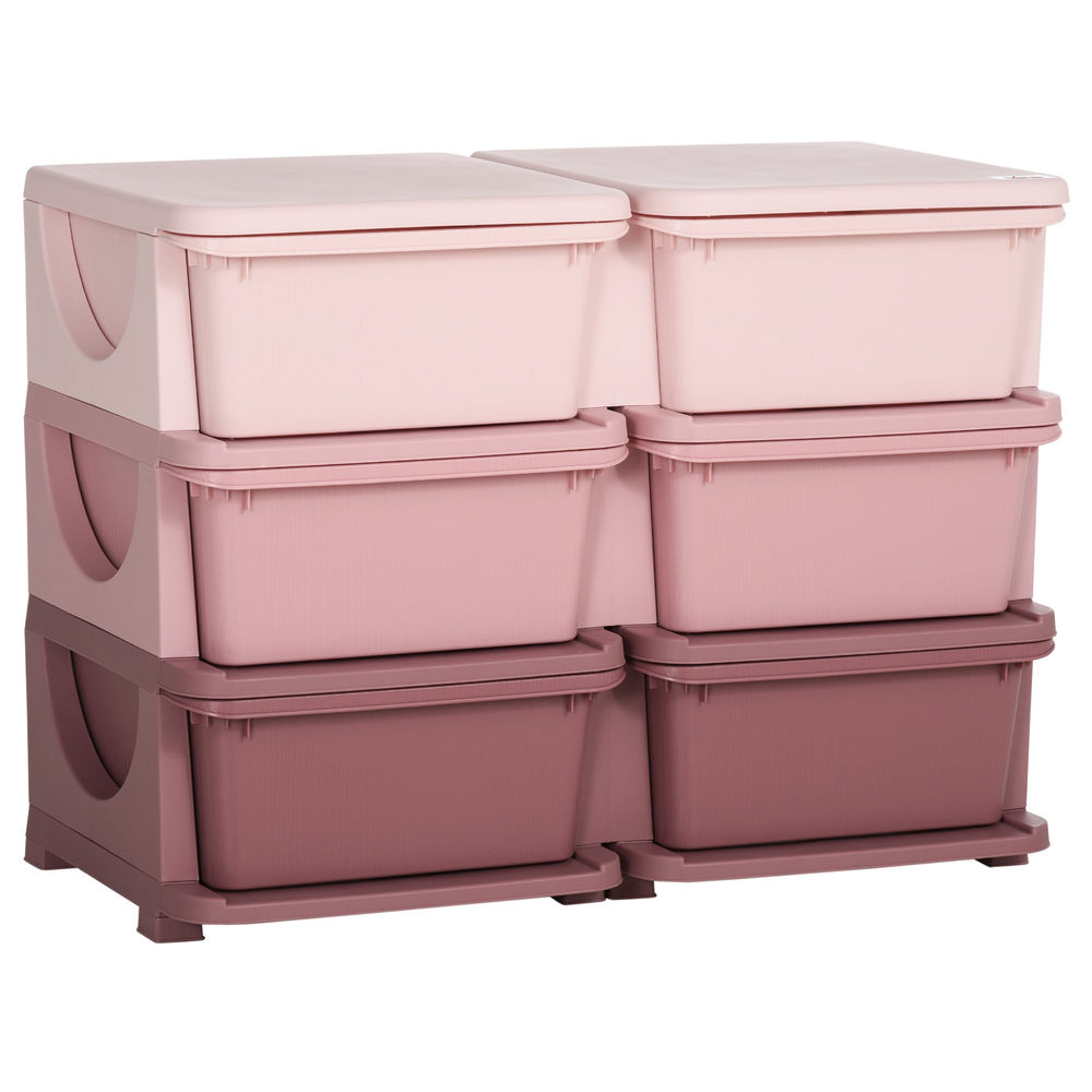 Homcom torre de almacenamiento infantil con 6 cajones, organizador de juguetes para niños de +3 años, con bordes redondeados y asas, para guardería, sala de juegos, dormitorio, 75x37x56,5 cm, rosa