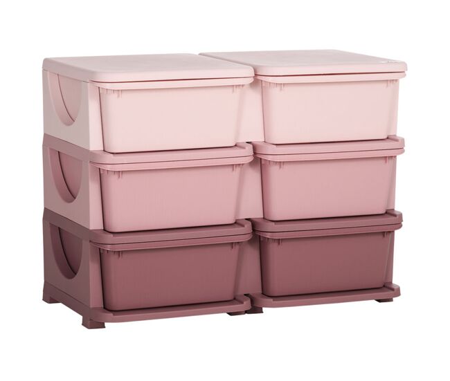 Homcom torre de almacenamiento infantil con 6 cajones, organizador de juguetes para niños de +3 años, con bordes redondeados y asas, para guardería, sala de juegos, dormitorio, 75x37x56,5 cm, rosa