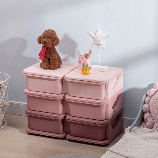 HOMCOM Organizador de Brinquedos com 6 Gavetas Gavetas de Arrumação para Crianças acima de 3 Anos com Bordas Arredondadas e Pegas para Sala de Jogos Quarto 75x37x56,5 cm Rosa