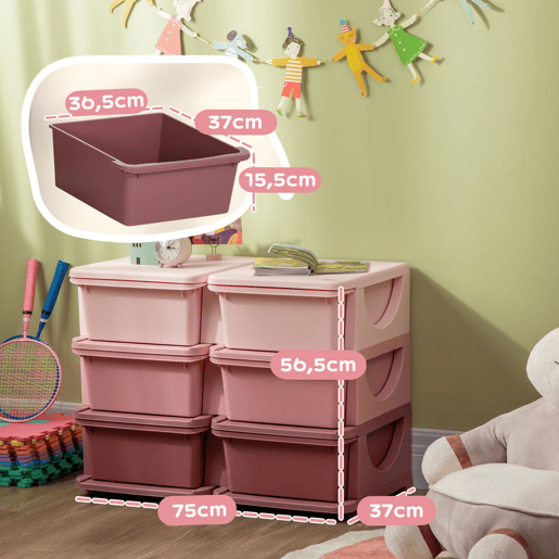 HOMCOM Organizador de Brinquedos com 6 Gavetas Gavetas de Arrumação para Crianças acima de 3 Anos com Bordas Arredondadas e Pegas para Sala de Jogos Quarto 75x37x56,5 cm Rosa