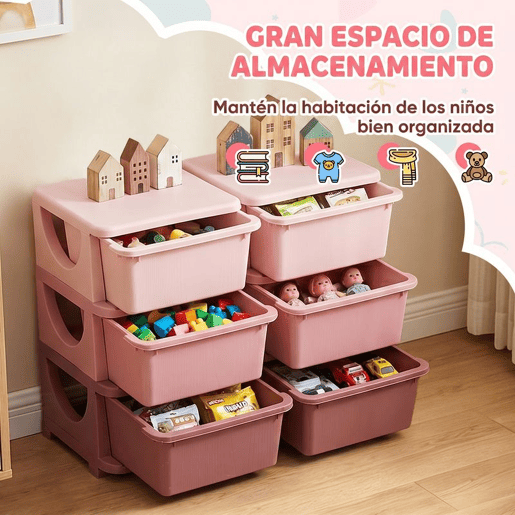 HOMCOM Organizador de Brinquedos com 6 Gavetas Gavetas de Arrumação para Crianças acima de 3 Anos com Bordas Arredondadas e Pegas para Sala de Jogos Quarto 75x37x56,5 cm Rosa