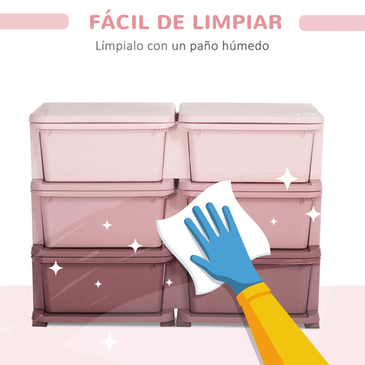 HOMCOM Organizador de Brinquedos com 6 Gavetas Gavetas de Arrumação para Crianças acima de 3 Anos com Bordas Arredondadas e Pegas para Sala de Jogos Quarto 75x37x56,5 cm Rosa